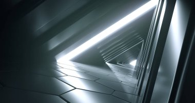 Karanlık fütüristik Modern Sci Fi üçgen yansıtıcı altıgen zemin ve yan ile yansıtıcı koridor şeklinde ışıklar 3d render illüstrasyon