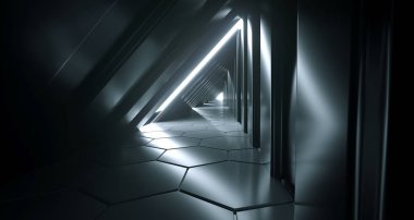 Karanlık fütüristik Modern Sci Fi üçgen yansıtıcı altıgen zemin ve yan ile yansıtıcı koridor şeklinde ışıklar 3d render illüstrasyon