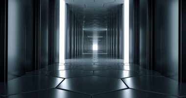 Karanlık fütüristik Modern Sci Fi yansıtıcı koridor yansıtıcı altıgen zemin ve tavan ve yan ışıklar 3d render illüstrasyon