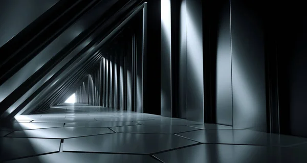 Karanlık fütüristik Modern Sci Fi üçgen yansıtıcı altıgen zemin ve yan ile yansıtıcı koridor şeklinde ışıklar 3d render illüstrasyon