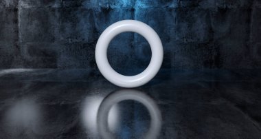 Soyut geometrik basit ilkel şekli beyaz Torus gerçekçi karanlık beton Oda doku mavi ışık 3d render