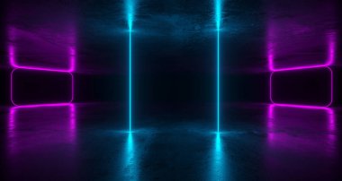 Metin için farklı parlak Neon ışıkları ve yansımaları boşluk futuristik Sci Fi beton Oda Soyut 3d render illüstrasyon