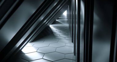 Fütüristik Sci Fi uzun siyah üçgen koridor altıgen zemin ve yansıtıcı duvarlar 3d render illüstrasyon