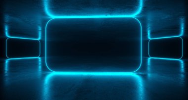 Metin için farklı parlak Neon ışıkları ve yansımaları boşluk futuristik Sci Fi beton Oda Soyut 3d render illüstrasyon