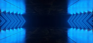 Mavi Neon ışık oklar yansımaları ile fütüristik Sci Fi boş beton karanlık oda 3d render illüstrasyon