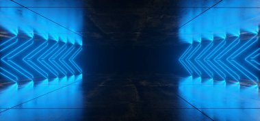Mavi Neon ışık oklar yansımaları ile fütüristik Sci Fi boş beton karanlık oda 3d render illüstrasyon