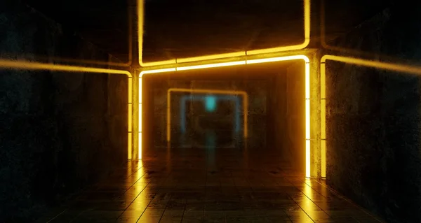 Soyut Fütüristik Sci Beton Odası Turuncu Parlak Neon Işıkları Yansımaları — Stok fotoğraf