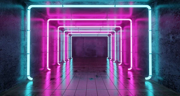 テキストの別の輝くネオン ライトと反射空間未来サイファイ コンクリートの部屋を抽象的な レンダリング図 — ストック写真