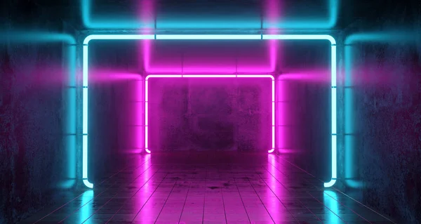Abstract Futuristische Sci Concreet Kamer Met Verschillende Gloeiende Neon Verlichting — Stockfoto