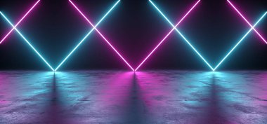 Fütüristik Sci Fi mavi ve mor Neon Tüp ışıkları Refelctions boş beton zemin oda parlak uzay 3d render illüstrasyon