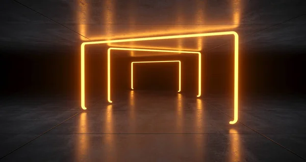 Futuristic Sci Fi Orange  Neon Tube Lights Glowing In Concrete Floor Room With Refelctions Empty Space 3D Rendering Illustration