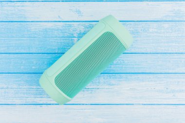 Kablosuz Taşınabilir Hoparlör mavi ve beyaz boyalı ormanda yaz tatili kavramı yüksek karşıtlık üstten görünüm