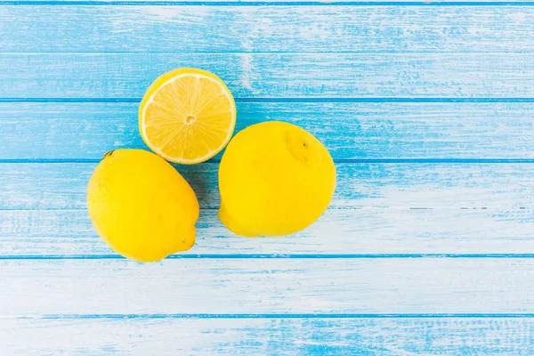 Fresh Bio Organic Lemons White Blue Painted Wood Background High — Stock Photo, Image