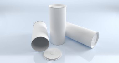 Boş açılan kapalı ve ayakta tüp silindir paketleri beyaz malzeme ışık stüdyo ile 3d render illüstrasyon vurdu