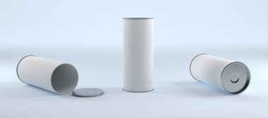 Boş açılan kapalı ve ayakta tüp silindir paketleri beyaz malzeme ışık stüdyo ile 3d render illüstrasyon vurdu