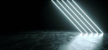 Satır parlayan fütüristik Sci Fi beyaz Neon ışıklar yansımaları ve boş alanı ile beton zemin ile boş karanlık odada metin için 3d render illüstrasyon