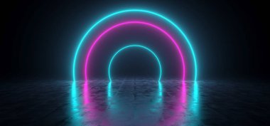 Fütüristik Sci Fi parlak Neon mavi ve mor renkli beton ile karanlık odada şekiller zemin 3d render illüstrasyon