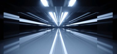 Işıklar ve yansımaları bulanık tarafı ile bir sürü ile fütüristik Sci Fi karanlık odada ışıklar 3d render illüstrasyon