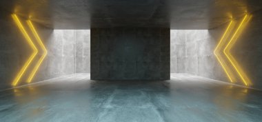 Boş yeraltı beton koridor kişilik parlayan oklar Neon turuncu işaretleri boş alan 3d render illüstrasyon