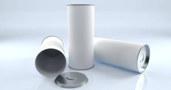 Lege Geopend Gesloten Staande Buis Cilinder Pakketten Met Witte Materiële — Stockfoto