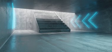 Fütüristik Sci Fi büyük beton yeraltı tüneli parlak Neon ışık işaretleri ve Beton merdivenler boş alanı ile 3d render illüstrasyon