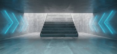 Fütüristik Sci Fi büyük beton yeraltı tüneli parlak Neon ışık işaretleri ve Beton merdivenler boş alanı ile 3d render illüstrasyon