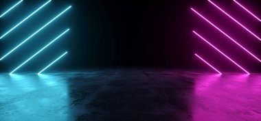 Fütüristik Sci Fi Mor ve Mavi Neon tüpler Dark parlayan beton boşluk orta 3D ile yansıtıcı yüzey şekil oluşturma