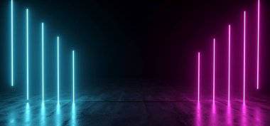 Fütüristik Sci Fi Mor ve Mavi Neon tüpler Dark parlayan beton boşluk orta 3D ile yansıtıcı yüzey şekil oluşturma