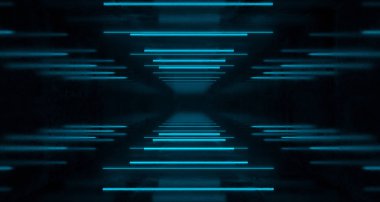 Yüksek oranda yansıtıcı karanlık Sci Fi fütüristik boş oda ile A çok Neon Tüp mavi ışıkları parlayan teknoloji kavramı 3d render illüstrasyon