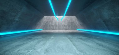 Fütüristik Sci Fi beton uzun üçgen şekilli tünel mavi parlak Neon çizgi işaretleri içinde boş alan 3d render illüstrasyon