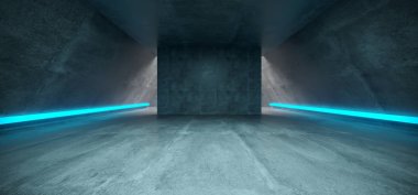 Fütüristik Sci Fi beton uzun üçgen şekilli tünel mavi parlak Neon çizgi işaretleri içinde boş alan 3d render illüstrasyon