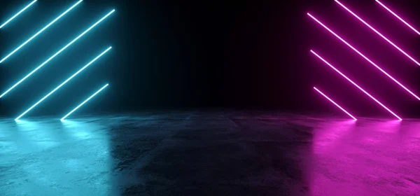 未来的科幻紫蓝色霓虹灯管发光在暗的混凝土反射面上的空空间在中间3D 渲染插图 — 图库照片