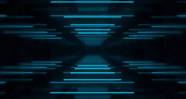 高反射暗い Sci 未来空部屋とたくさんのネオン管青いライト輝く技術のコンセプト レンダリング図 — ストック写真