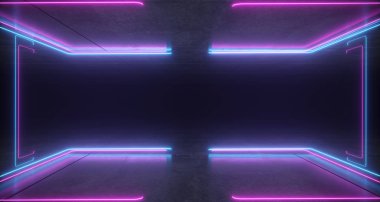 Fütüristik Sci-Fi parantez şeklinde Neon mavi ve mor parlayan ışıklar beton zemin ve tavan karanlık boş alanı üzerine düşünceler ile 3d render illüstrasyon