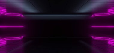 Modern futuristik yüksek teknoloji karanlık oda parlak Neon ışıklı tüpler ile mor renk ve boş yer orta 3D çizim oluşturma