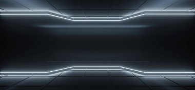Modern futuristik yüksek teknoloji karanlık oda parlak Neon ışıklı tüpler ile beyaz renk ve boş yer orta 3D çizim oluşturma