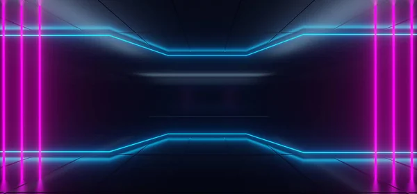 ネオン輝く光とモダンな未来的なハイテク暗い部屋管中間 で空スペースおよび紫色および青の色の図をレンダリング — ストック写真