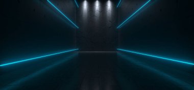 Boş ışıkları karanlık fütüristik Sci Fi büyük salonu oda ve Refelction yüzey 3d çizim oluşturma