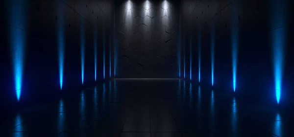 Boş ışıkları karanlık fütüristik Sci Fi büyük salonu oda ve Refelction yüzey 3d çizim oluşturma
