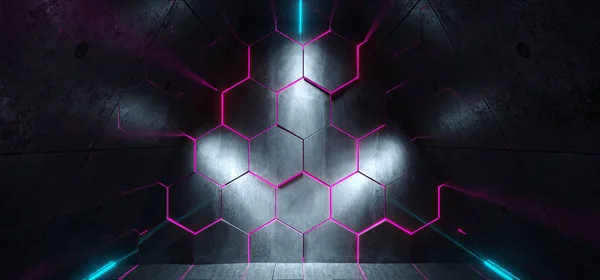 紫光るライトどこでも反映し Led ネオンの六角形と三角形の近未来サイエンス フィクション船廊下ストライプ レンダリング図 — ストック写真