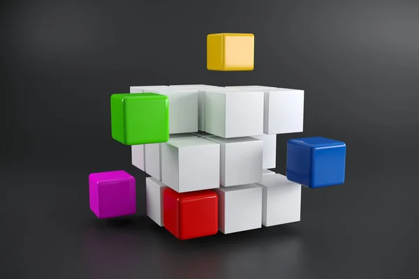 Cubo Desmontado Realista Con Pequeños Cubos Coloridos Aparte Equipo Fondo —  Fotos de Stock