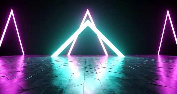 未来的科幻三角形霓虹灯管充满活力的紫色和蓝色发光灯反射倾斜的粗糙混凝土表面在黑暗的房间空的空间3D 渲染插图 — 图库照片