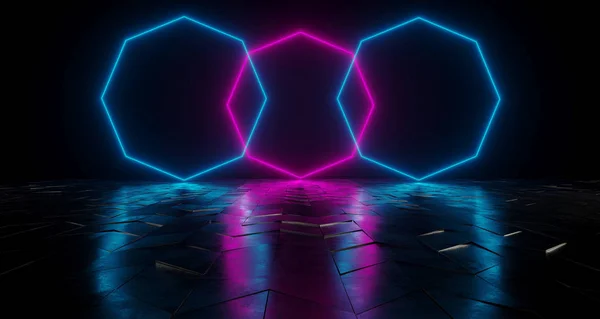 未来科幻霓虹灯管充满活力的紫色和蓝色发光灯在暗房间的反射倾斜粗糙混凝土表面空空间3D 渲染插图 — 图库照片