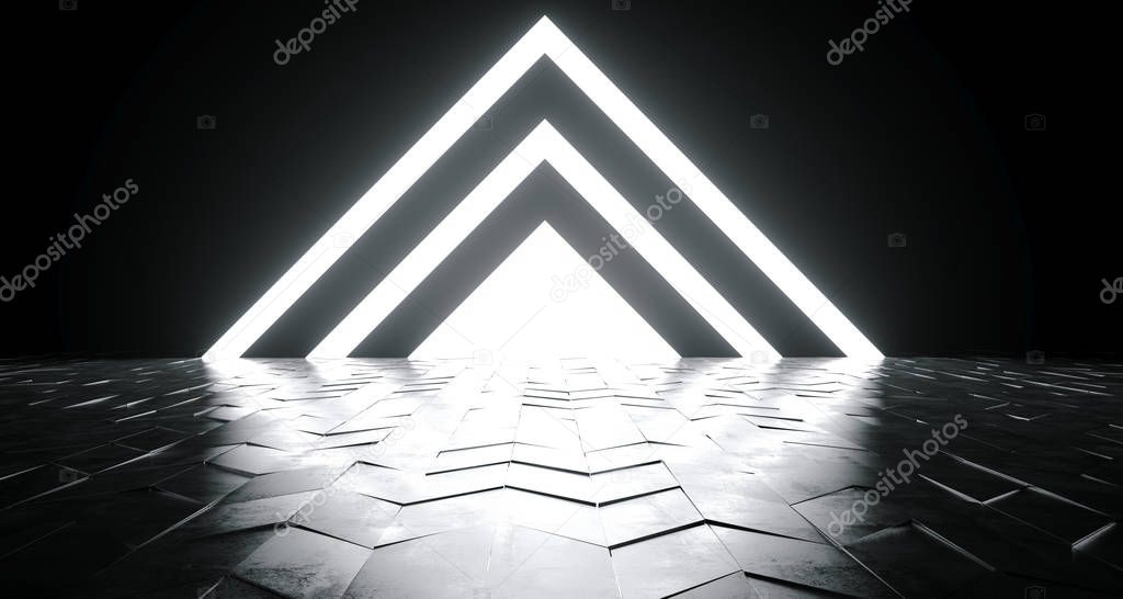 Futuristic Sci-Fi Triangle Shaped White Glowing Lights On Reflective Tilted Rough Concrete Surface In Dark Room Empty Space 3D Rendering Illustration