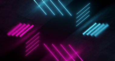 Fütüristik Modern bilim kurgu Neon Tüp parlayan şekillerin kaba beton yüzeyine ve mor ve mavi arasındaki boşluk renkler 3d çizim oluşturma