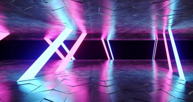 Fütüristik Modern bilim kurgu Neon Tüp parlayan şekillerin kaba beton yüzeyine ve mor ve mavi arasındaki boşluk renkler 3d çizim oluşturma