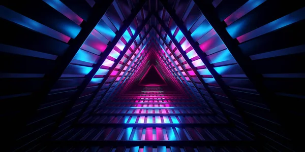 B.t konsept illüstrasyon oluşturma 3d fütüristik Sci Fi karanlık boş üçgen iç Metal Mesh koridor mavi ve mor Neon ışıkları ile yansıyan