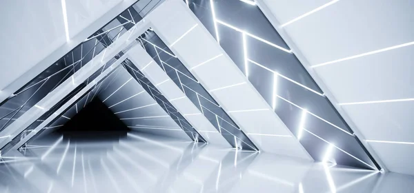 Futurista Sci Interior Ship Vacío Triángulo Forma Corredor Iluminado Múltiple —  Fotos de Stock