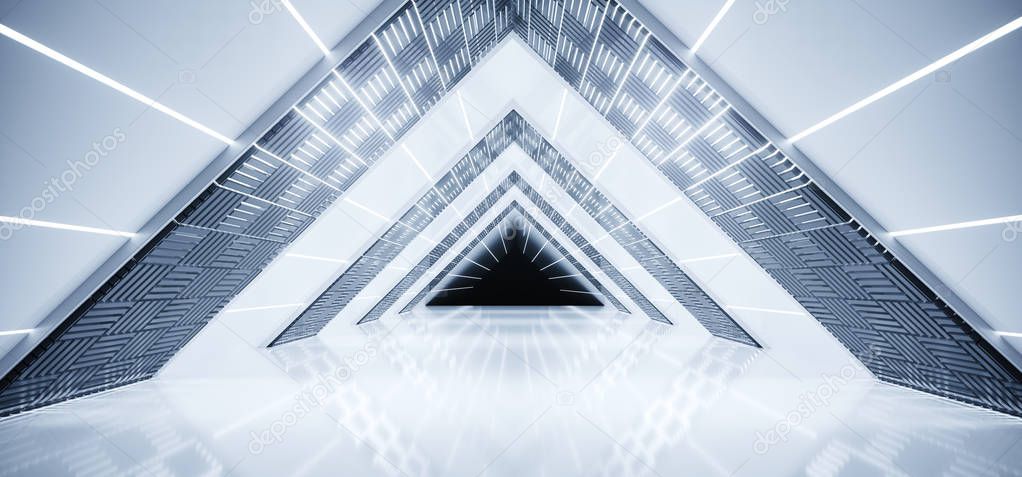 Futuristic Sci-Fi Interior Ship Empty Triangle Shaped Multiple Lighted Corridor With Reflective Surfaces And White Led Stripes With Black End 3D Rendering Illustration