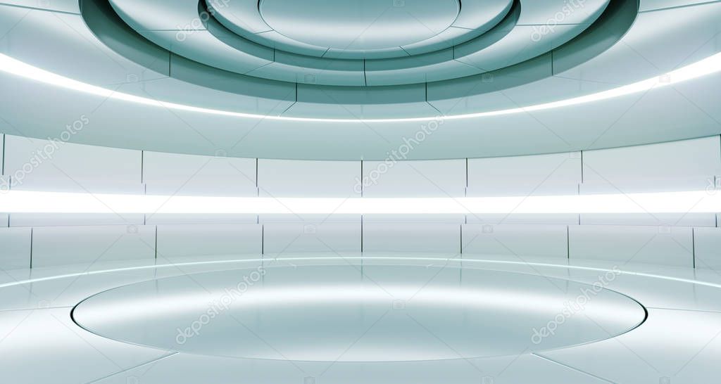 Futuristic Empty Stage Alien Ship Modern Future Background Technology Sci-Fi Interior Concept With Reflective Metal Surface And Space 3d rendering Illustration